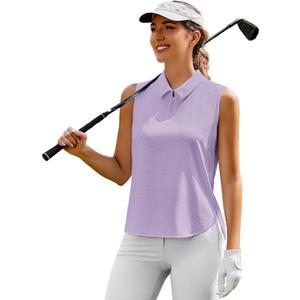 PINSPARK Women Golf Shirts Sleeveless UPF 50+ Tennis Polo V-Neck Quick Dry Athletic T Shirt 1/4 Zip Collar Workout Tank Top (Medium, Purple)