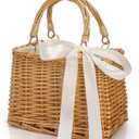 Handwoven Rattan Handbag, Wicker Rectangle Basket Purse with White Ribbon, Summer Beach Top Handle Clutch, Boho Style Woven Purse, Rustic Flower Basket for Women, Travel, Vacation, Wedding