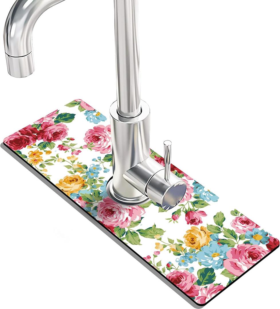Kitchen Sink Splash Guard Faucet Mat Super Absorbent Fast Drying Mat Sink Gadgets Splash Guard Behind Faucet Drip Catcher for Kitchen (Pink Red Roses Floral, 15x5.5in)
