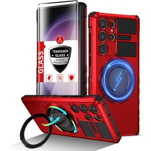 for Samsung Galaxy S23 Ultra Case Magnetic Compatible with Wireless Charging,Phone Case with Screen Protector,Built-in Kickstand Ring Military Grade Drop Shockproof Heavy Duty Protection Red