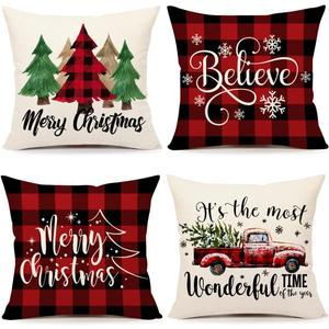 4TH Emotion Buffalo Check Christmas Pillow Covers 20x20 Set of 4 Red Black Farmhouse Christmas Decorations Winter Holiday Decor Throw Cushion Case for Home Couch S22C38-20