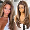 KOME Brown Highlight Synthetic Lace Front Wig, 13X6 HD Long Straight Layered Glueless Wigs for Women Daily Use 26'' (TT6/ 116）