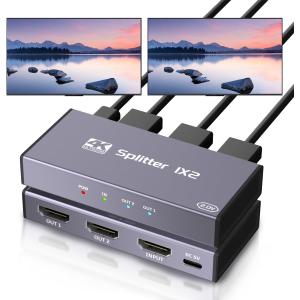 HDMI Splitter 1 in 2 Out, 4K UHD HDMI Splitter for Dual Monitors, with Mirror Mode, Audio Sync, Metal Shell, Compatible with TV, PS5, Xbox, STB, PC, Laptop
