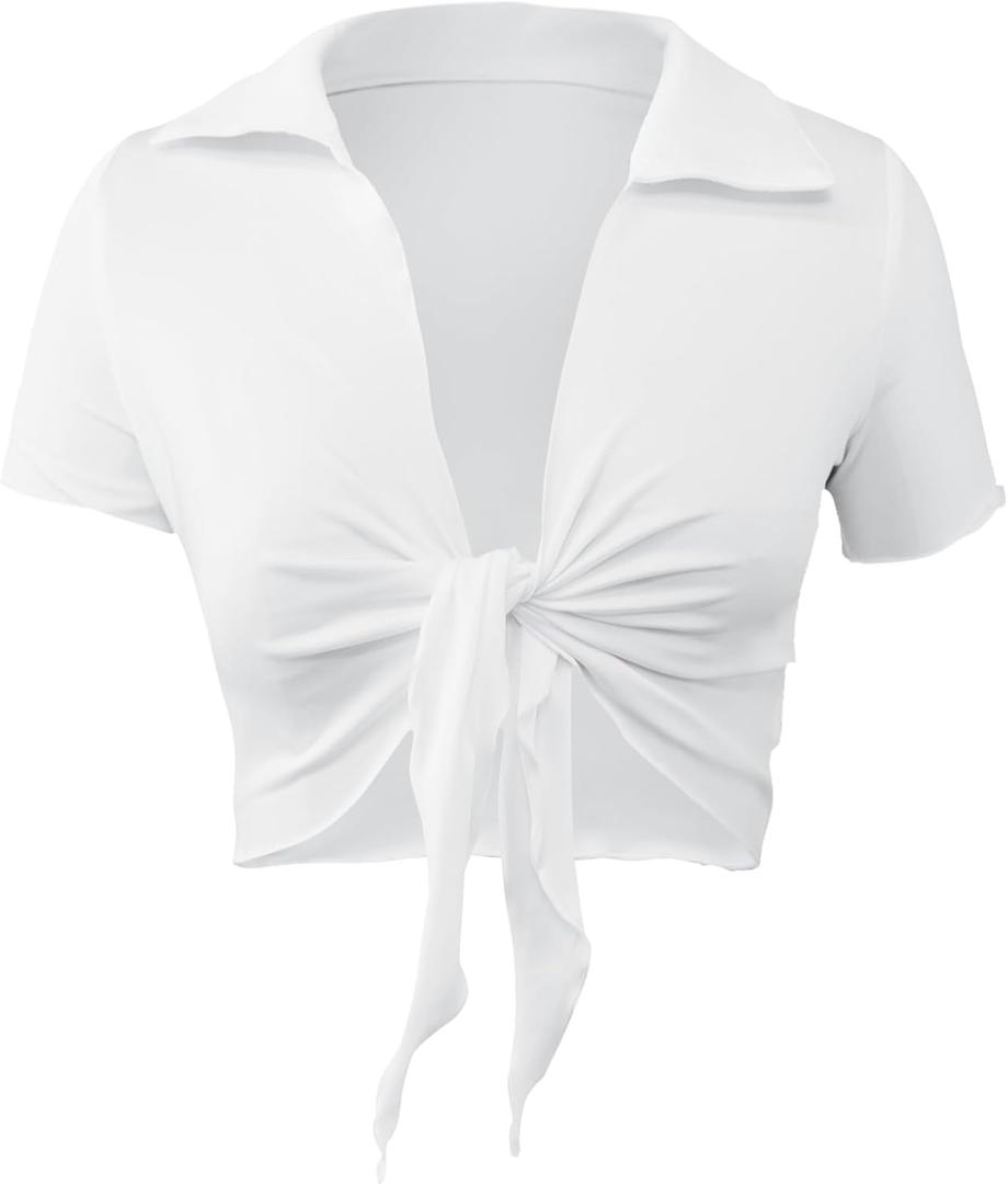 LovelyWholesale Sexy Tie Front Tops for Women Summer Collar Neck Crop Top (White, M)