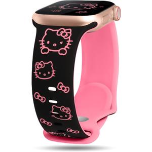 Cute Cat Engraved Band Compatible with Apple Watch Bands for Women 40/38/41/42/46/45/44/49mm, Funny Cartoon Pattern Soft Silicone Sport Strap for iWatch Series 11 10 9 8 7 6 5 4 SE/Ultra 3 2 1 (Black/Rose Pink)