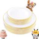 KIRE 60PCS Gold Plastic Plates - Heavy Duty White Disposable Plates with Gold Rim - Include 30Pieces 10.25inch Dinner Plate and 30Pcs 7.5inch Dessert Plate for Wedding/Mother's Day/Spring/Graduation