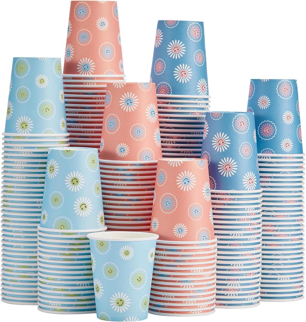 SIUQ 300 Pack Paper Cups 8 oz, Disposable Coffee Cups, Paper Coffee Cups 8 oz, Colourful Hot/Cold Beverage Drinking Cup for Water Juice or Tea, Office Party Home Travel - Daisy