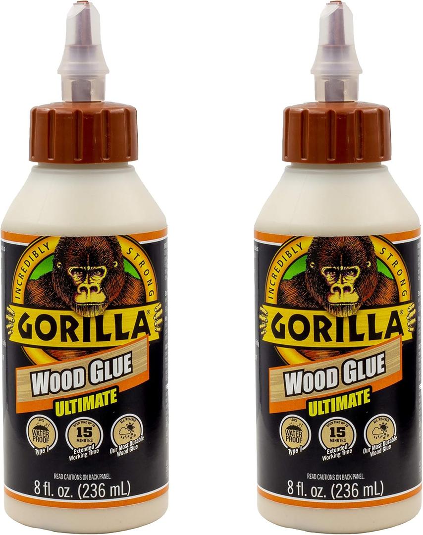 Gorilla Ultimate Waterproof Wood Glue, Natural Wood Color, 8 Ounce (Pack of 2) - Waterproof for Indoor or Outdoor Projects and Repairs