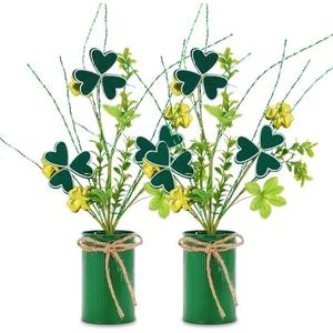 St. Patrick's Day Flower Pot Set Include 2 Pieces Artificial Shamrock Plant Branches with Lucky Clover and 2 Pieces Green Vintage Metal Pot with Burlap Bow for Home Office Table Centerpiece Decor