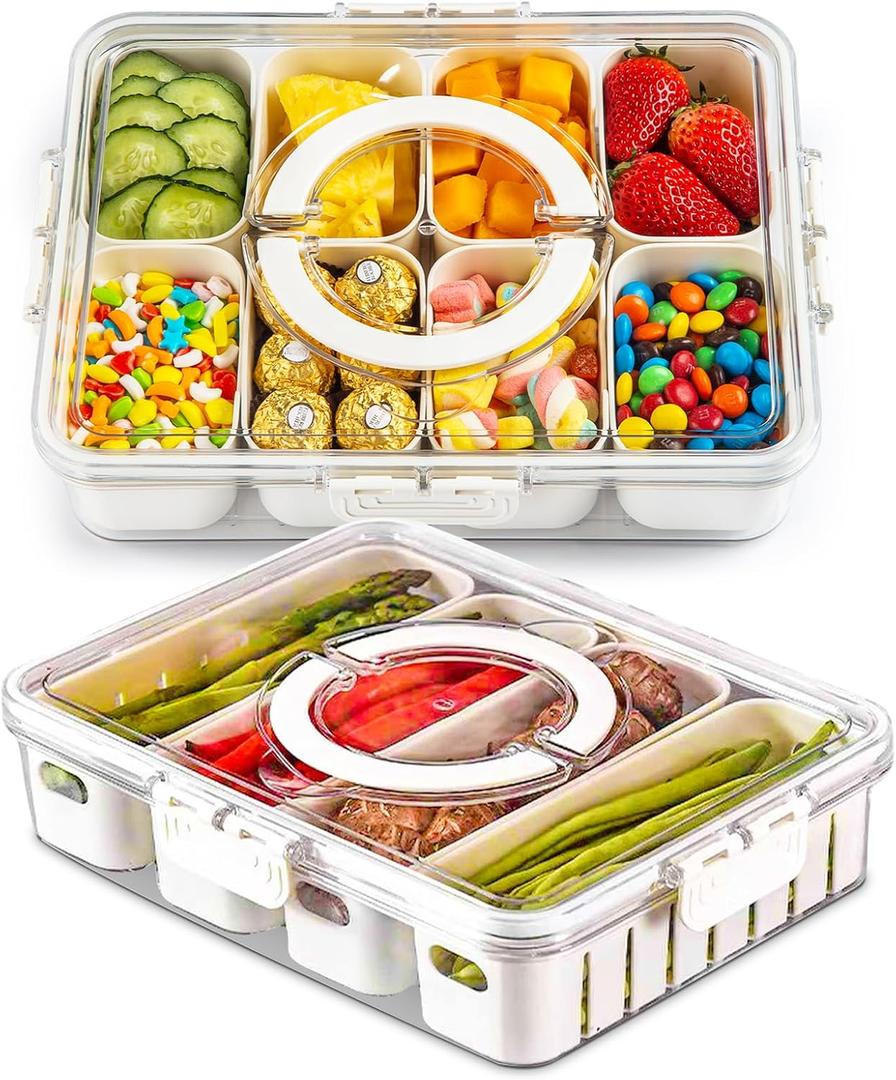 Snackle Box Container,2 Pack Divided Clear Snack Box Serving Tray with Lid and Handle,Charcuterie Board with Lid, Snack Organizer for Beach Picnic, Refrigerator Fresh, Party, Holidays and Travel (8 Compartments+4 Compartments)