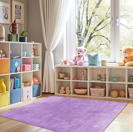 Jinchan Solid Plush Area Rug 5x7 Performance Shaggy Washable Rug Indoor Soft Modern Faux Wool Cozy Non Slip Carpet for Living Room, Kids Room, Bedroom Dining Room Nursery, Purple