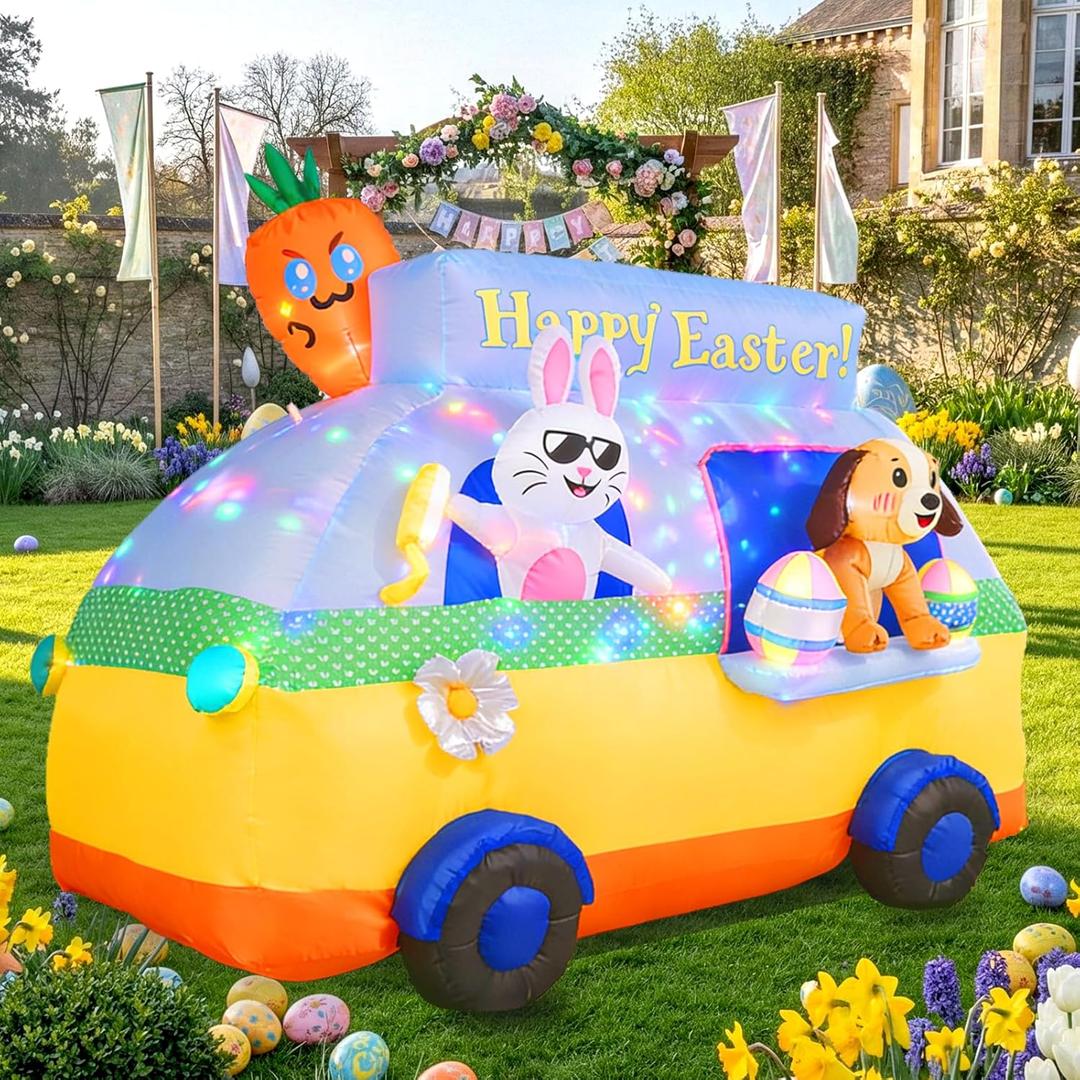 7.3FT Long Easter Inflatables Outdoor Decorations - Bunny and Dog Riding Bus, Build-in LED Lights Holiday Blow Up Yard Decoration, for Patio Garden Lawn Party Celebration Decor