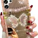 Changjia for Samsung Galaxy S24 Ultra Glitter Kickstand Case,Cute Luxury Bling Sparkly Diamond Butterfly Foldable Stand Mirror Back Elegant Shockproof Women Girls Phone Case for Galaxy S24 Ultra,Pink