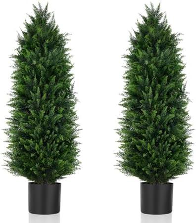 Yangrass 4FT Artificial Topiary Cedar Trees Set of 2, Realistic Cypress Bushes Plants with UV Protected, Potted Evergreen Plant Fake Shurbs for Indoors Outdoors Front Porch Garden Home Decor