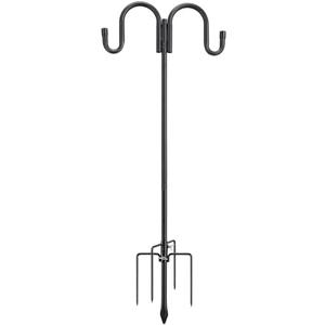 Black Double Shepherds Hook - 82 Inch Adjustable Bird Feeder Pole with 5 Prongs Base - Heavy Duty Rustproof Shepards Hooks for Outdoor Hummingbird Feeder Stand, Solar Lights, Lanterns, Flower Basket