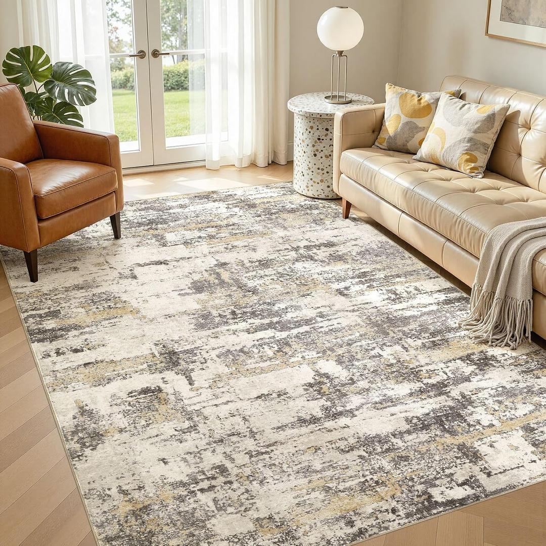 Area Rugs for Living Room: 5x7 Abstract Washable Rug Modern Neutral Large Soft Stain Resistant Non-Slip Backing Machine Table for Bedroom Dining Room Indoor Home Office Carpet - Gold Brown