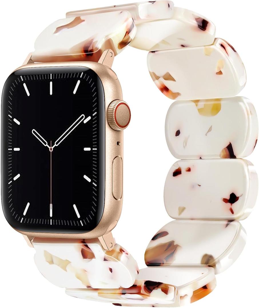 Newlibery Resin Stretchy Watch Bands Women Compatible with Apple Watch 38mm 40mm 41mm 42mm (S11/10) Tortoise Light Bracelet Beaded Elastic Strap for iWatch Series11/10/9/8/7/6/5/4/3/2/1/SE/Ultra (S)
