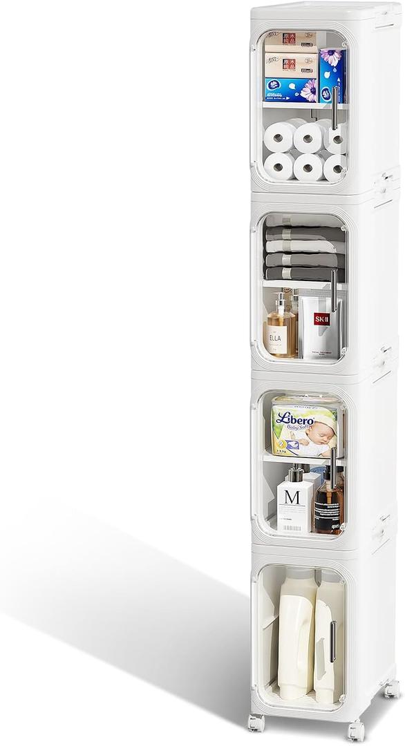 JOYZAN Narrow Bathroom Storage Cabinet with Movable Wheels, Slim Storage Cabinet with 4 Doors & Removable Panel, Skinny Bathroom Organizers and Storage for Small Space, Corner, Kitchen, Laundry