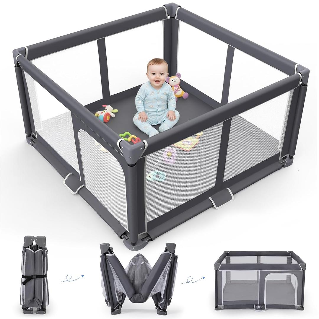 Foldable Baby Playpen - 50"x50" Safety Play Yard for Babies & Toddlers - Indoor & Outdoor Use with Carry Bag - Collapsible, Portable Play Yard, Dark Gray
