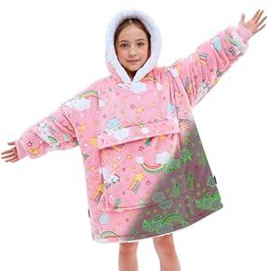 yescool Wearable Blanket Hoodie Kids Glow in the Dark, Oversized Blanket Sweatshirt with Sherpa Teen Girl Gifts for Kids, Girls, 8-15 Year Old Girl Boy Gift Warm Wearable Blankets, One Size, Rainbow