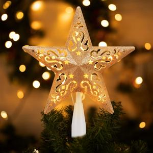 Christmas Star Tree Topper Lighted 8 Hollowed 3D Pentagram Built-in 10 Bulbs Golden Coated Star Treetop Plug in (4 Bulbs & 2 Fuses Spare) for Christmas Decorations Clear Light