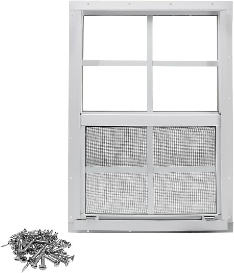 Shed Window, 12" x 18" Flush Mount Window with Tempered Glass and Fiberglass Screen, Small Sliding Windows for Shed, Chicken Coop, Playhouse, Household, Garage, Barns, White