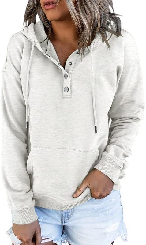 Dokotoo Womens 2025 Hoodies Button Collar Drawstring Hooded Pullover Sweatshirt Casual Long Sleeve Tops Shirts (White), Small