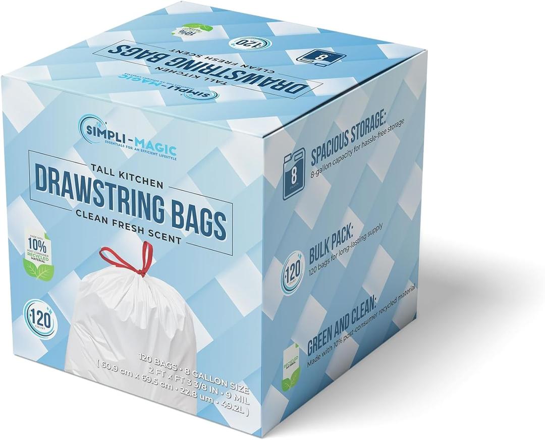 SIMPLI-MAGIC Drawstring Tall Trash Bags, 8 Gallon Custom Made with Premium Materials (120 Pack)