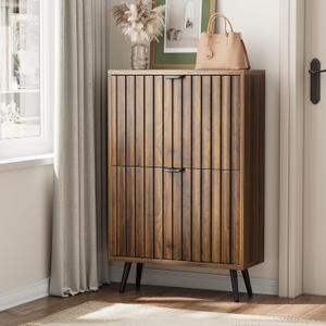 Shoe Cabinet, Slim Fluted Shoe Cabinet Storage for Entryway, Walnut Hidden Shoe Cabinet with Metal Legs and Flip Doors