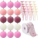 Syhood 46 Pcs Velvet Christmas Ornaments - 15 Pcs 3.15" Large Velvet Balls, 30 Flocked Bows, 1 Ribbon, Gradient Pink Xmas Tree Hanging Decoration for Valentine's Day Vintage Xmas Holiday Decor