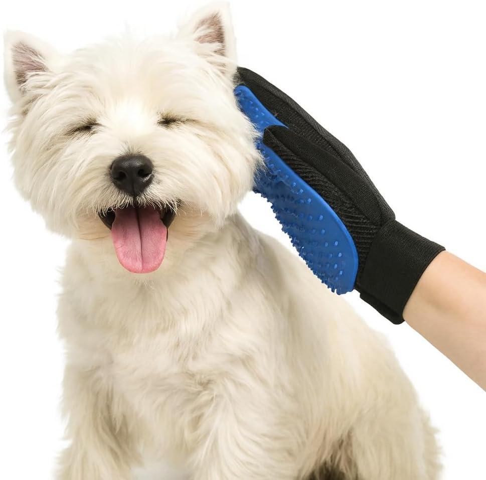 Pet Grooming Glove, Blue and Black, Breathable Mesh with Silicone Tips, Adjustable Strap, for Dog Cat Hair Removal and Deshedding