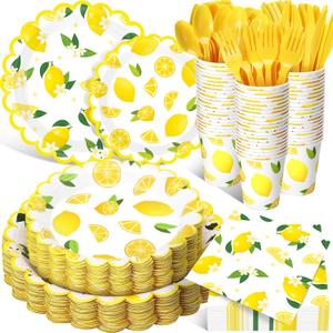 Funnymoom 400 Pcs Lemon Party Supplies for 50 Guests Yellow Fruit Flower Shaped Disposable Plate Napkin Cup Spoon Fork Knives for Summer Fruit Birthday Baby Shower Party Supplies(Bright Yellow, Lemon)