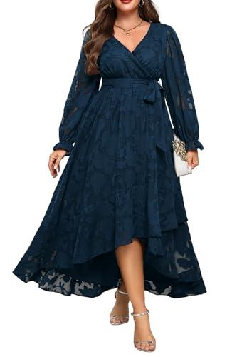 Navy Blue Dress Women Plus Size Wedding Guest Cocktail Fall Semi Formal Floral Long Sleeve Wrap High Low Maxi Dresses, 14 Plus