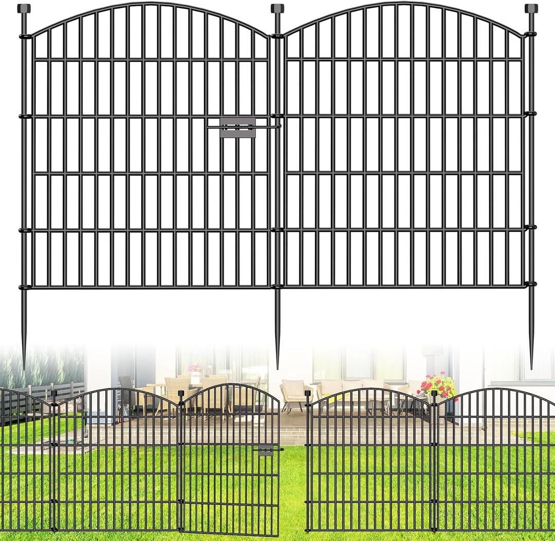 10 Panels Decorative Garden Fence with Gate - 32 in (H) x 23.6 ft (L) No Dig Dog Fence Outdoor for Yard, Rustproof Tall Garden Fencecing Panels, Animal Barrier Suitable for Yard Border, Patio