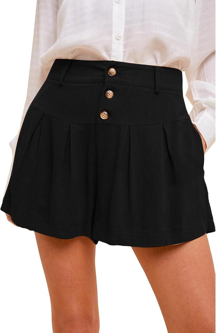 Famulily Summer Cute Shorts for Women High Waisted Linen Shorts Back Elastic Waist Pleated Wide Leg Shorts with Pockets 2024 (X-Large, Black)