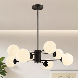 8-Light Globe Sputnik Chandelier Black Mid Century Modern Light Fixture Matte Black Finished with White Frosted Globe Glass Lampshade Sputnik Chandeliers for Dining Room Bedroom Kitchen Island