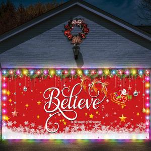 Ganeen 6.4x16 ft LED 2025 Christmas Garage Door Banner String Light Large Rustic Xmas Garage Door Decorations Xmas Banner Cover Backdrop Holiday Cover Decoration(Believe)