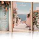 KAIRNE Italian & Mediterranean Coastal Framed Canvas Wall Art, Pink Blue & White Seascape Painting for Beach House Decor, Luxury Italian Seaside Landscape for Living Room, Bedroom, Office - 24x36 Inch (Aegean)