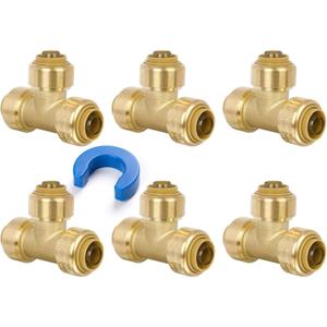 1/2" Pex Tee Pushfit, Push to Connect Brass Plumbing Fitting for Copper, CPVC, PEX Pipe, Brass Pex Fitting with Upgraded Stiffener, Disconnect Clip Included, NSF & UPC Certified, 6 Pack