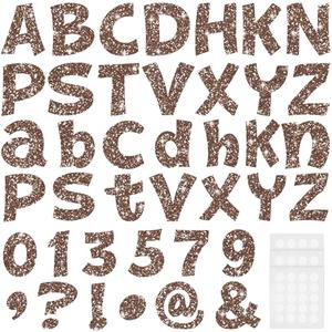Colarr 216 Pcs Glitter Bulletin Board Letters for Classroom Number Alphabet Punctuation Symbol Cutout 4'' Die-Cut Poster Letter with Adhesive Dot School Party Holiday Decor Display(Brown)