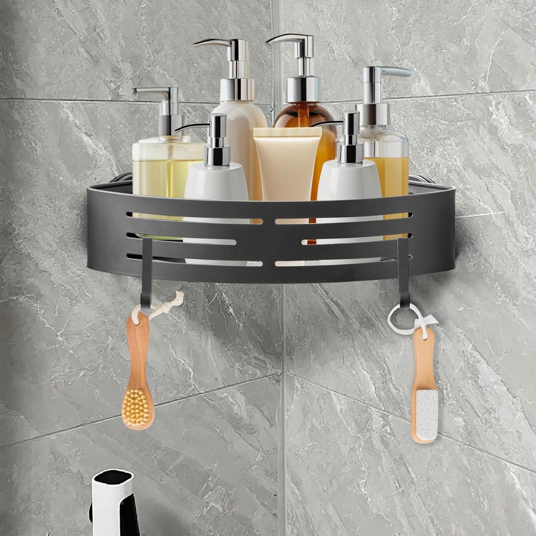 Corner Shower Caddy Shelves - Suction Cup Shower Organizer Shelf with 2 Hooks, Adhesive Bathroom Wall Hanging Storage, No Drilling Rustproof Stainless Steel Caddies for Bath Inside Shower