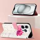 Case for iPhone 16 Pro, 3D Wallet Case PU Leather with[Card Holder][Kickstand][Wrist Strap][Magnetic Closure] Shockproof Flip Cover for iPhone 16 Pro Pink Flower YB-3D