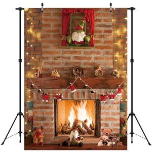 LIVUCEE 5X7ft Soft Fabric Christmas Fireplace Photography Backdrops Red Brick Wall Decoration Background Xmas Eve Party Supplies Banner Photo Booth Prop