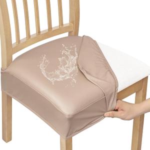 Smiry Waterproof Pu Leather Seat Covers for Dining Room Chairs Set of 6, Stretch Fit Removable Washable Kitchen Chair Seat Slipcovers Protector, No Rear Covers, Khaki