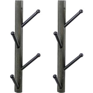 MyGift Wall Mounted Coat Rack Tree, Vintage Gray Weathered Solid Wood and Black Metal Hat Hanger with 4 Hooks, Vertical Entryway Hanging Garment Rack with Branch Style Hooks, Set of 2
