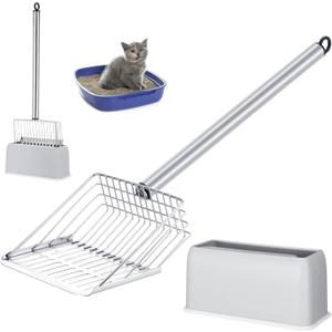 Tioncy Metal Cat Litter Scoop with Holder 17.5 Inch Long Handle Cat Scooper for Litter Box Deep Cat Fast Sifter Shovel Stainless Steel Cat Litter Sifter Scoop Pet Scooper for Kitten Cat Dog Poop
