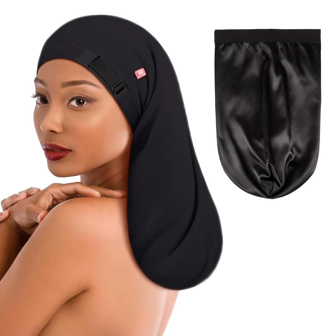 Fittia Long Silk Satin Bonnet for Braids, XL Dreadlocks for Curly Frizzy Hair Sleeping, Large for Black Women Men