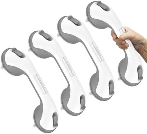 12 Inch 4 Pack Shower Grab Bar, YuanDe Suction Grab Bars for Bathtubs, Bathroom Safety Grip No Drilling Waterproof, Shower Handle Removable Shower Handrails for Seniors Elderly, (Grey&White