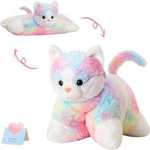 Glow Guards 16" Rainbow Cat Plush Pillow,Cute Kitty Stuffed Animal Soft Lovely Colorful Toy,Bedtime Sofa Decors,Christmas Birthday Children's Day Hoilday Gift for Toddler Kids