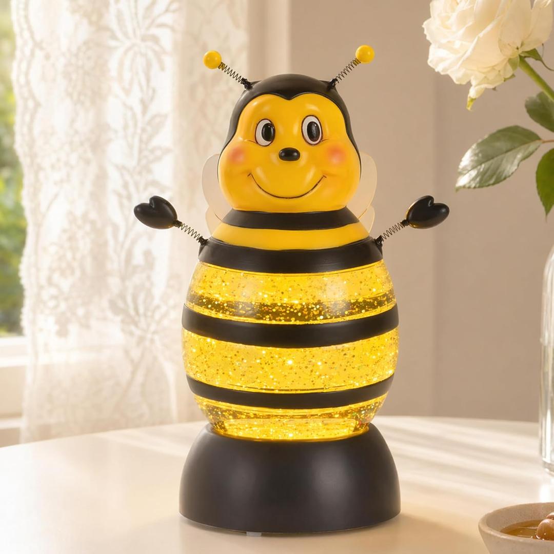Bee Snow Globe Decor with 6H Timer, Swirling Glitter Snow Globes Spring and Summer Figurine Decorations, USB/Battery Operated, for World Bee Day Spring Holiday Home Decor and Gift (Bee)